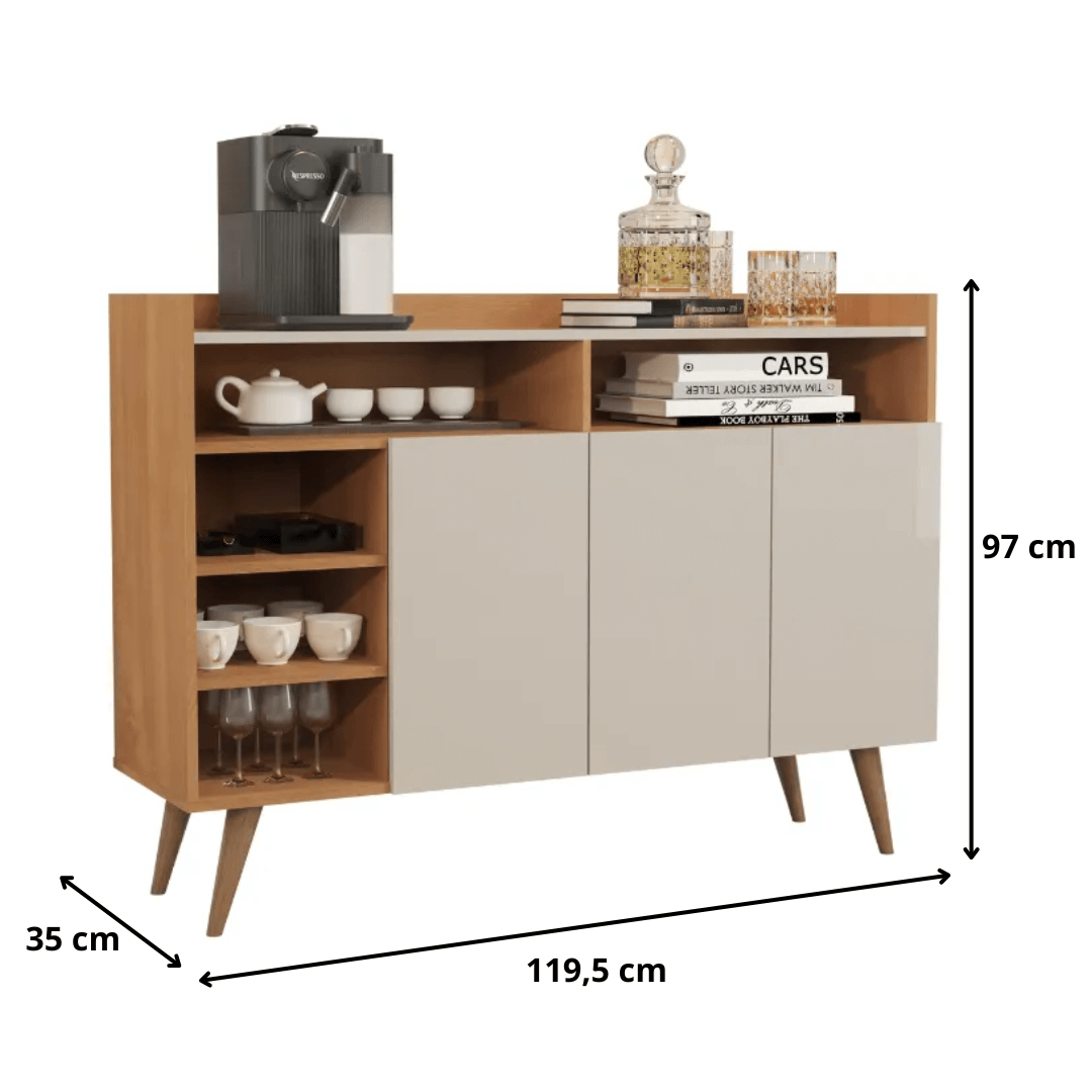 Aparador Balcão Buffet Celta Retro 3 Portas Nature com OffWhite