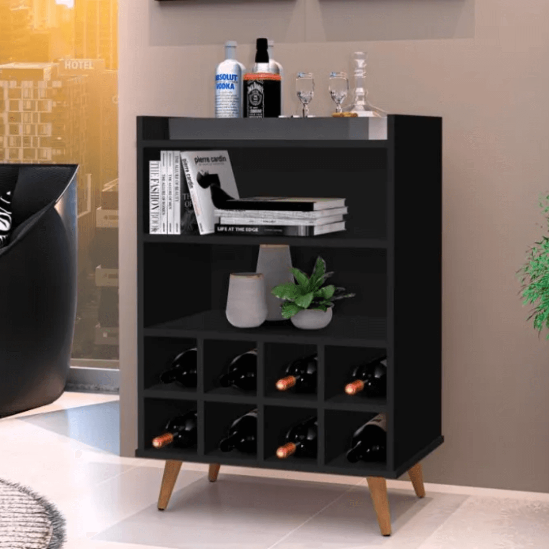 Aparador Bar Adega Para 8 Garrafas Paris Preto - Rede Móveis