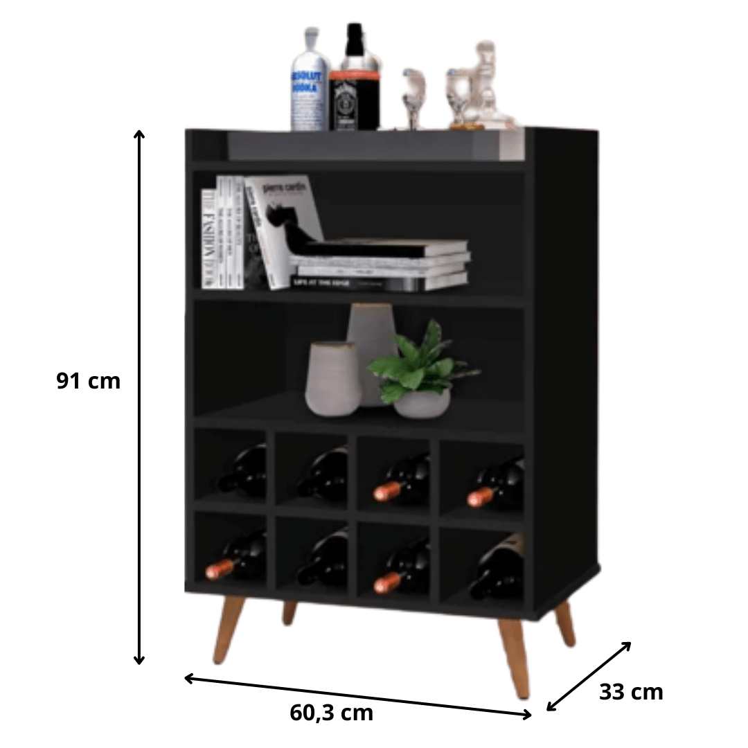 Aparador Bar Adega Para 8 Garrafas Paris Preto - Rede Móveis