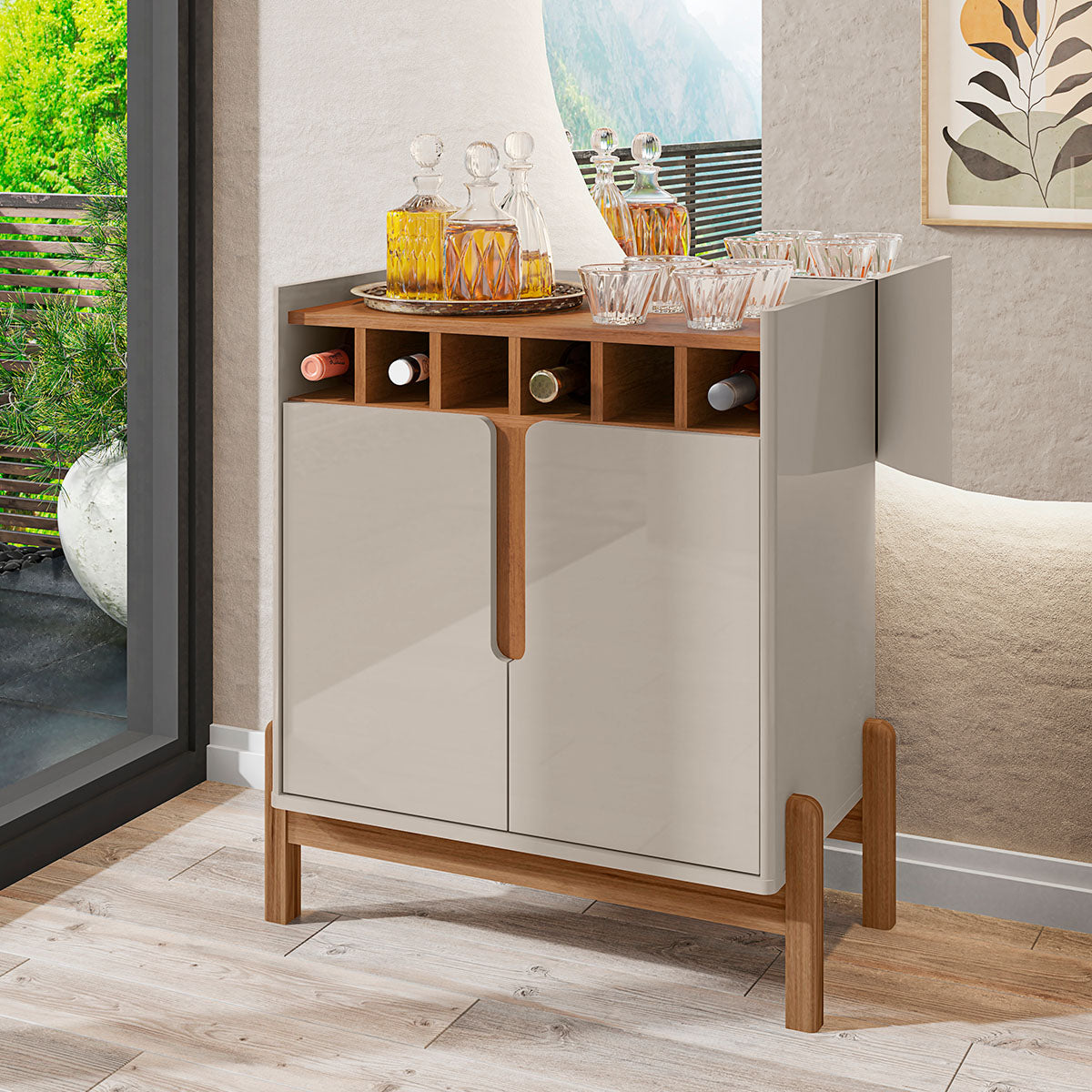 Aparador Bar Lizz 2 Portas 6 Adegas Pés em Madeira Maciça OffWhite com Cedro - Rede Móveis