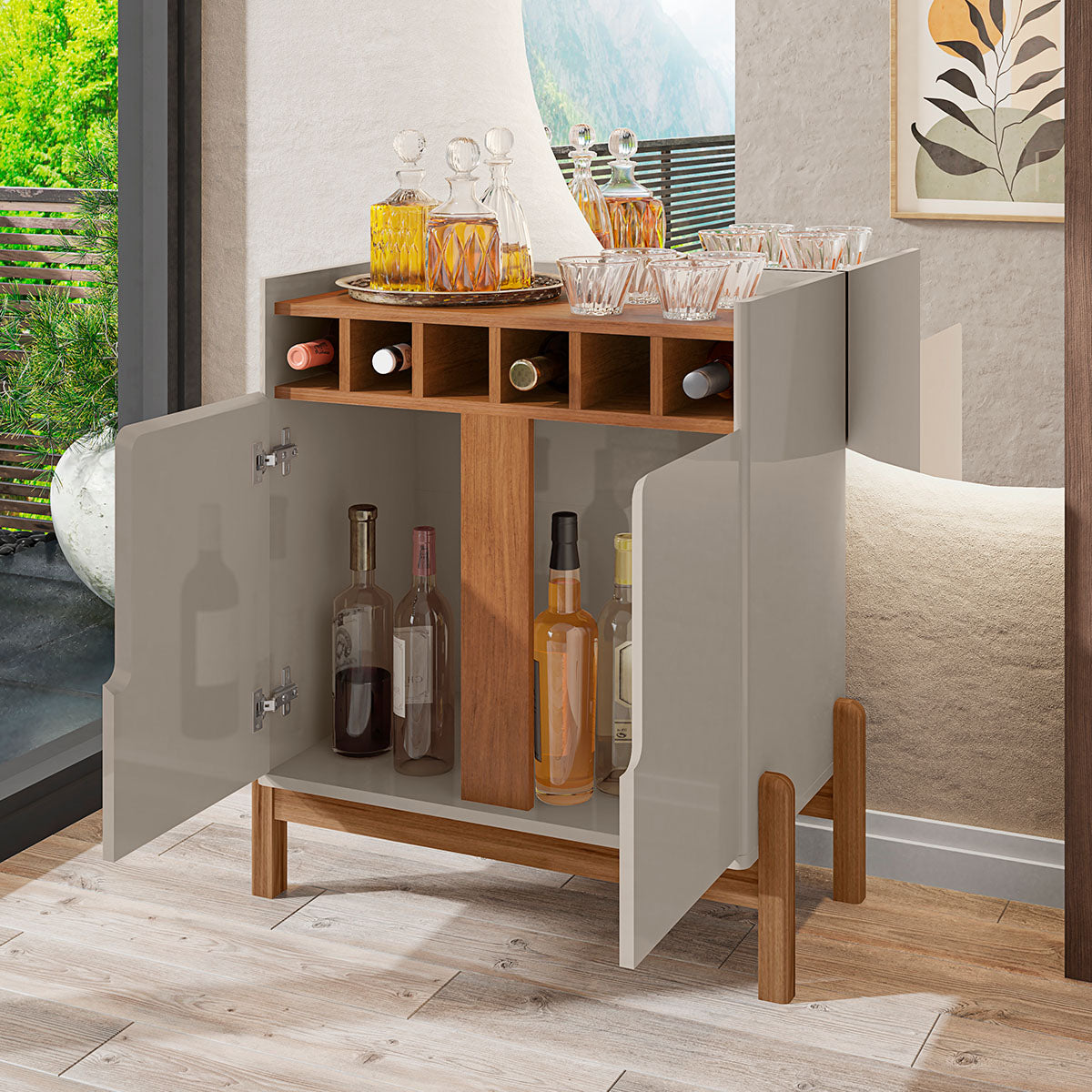 Aparador Bar Lizz 2 Portas 6 Adegas Pés em Madeira Maciça OffWhite com Cedro - Rede Móveis