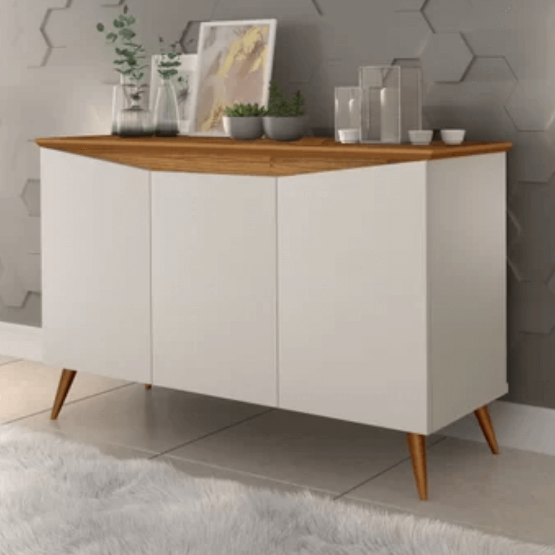 Aparador Buffet Encanto 3 Portas Retrô OffWhite Com Nature