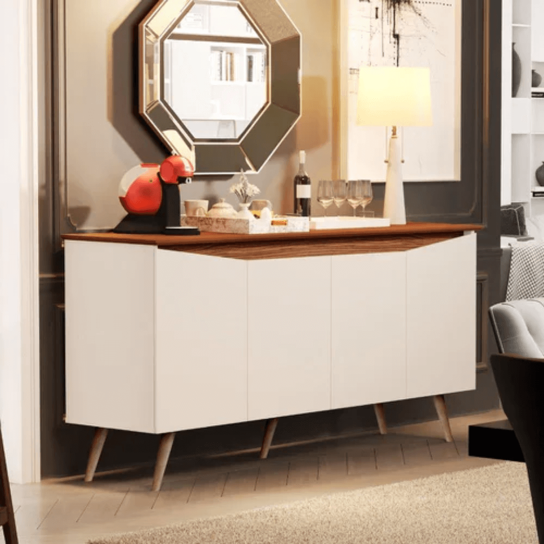 Aparador Buffet Encanto 4 Portas Retrô Off White/Freijó - Rede Móveis