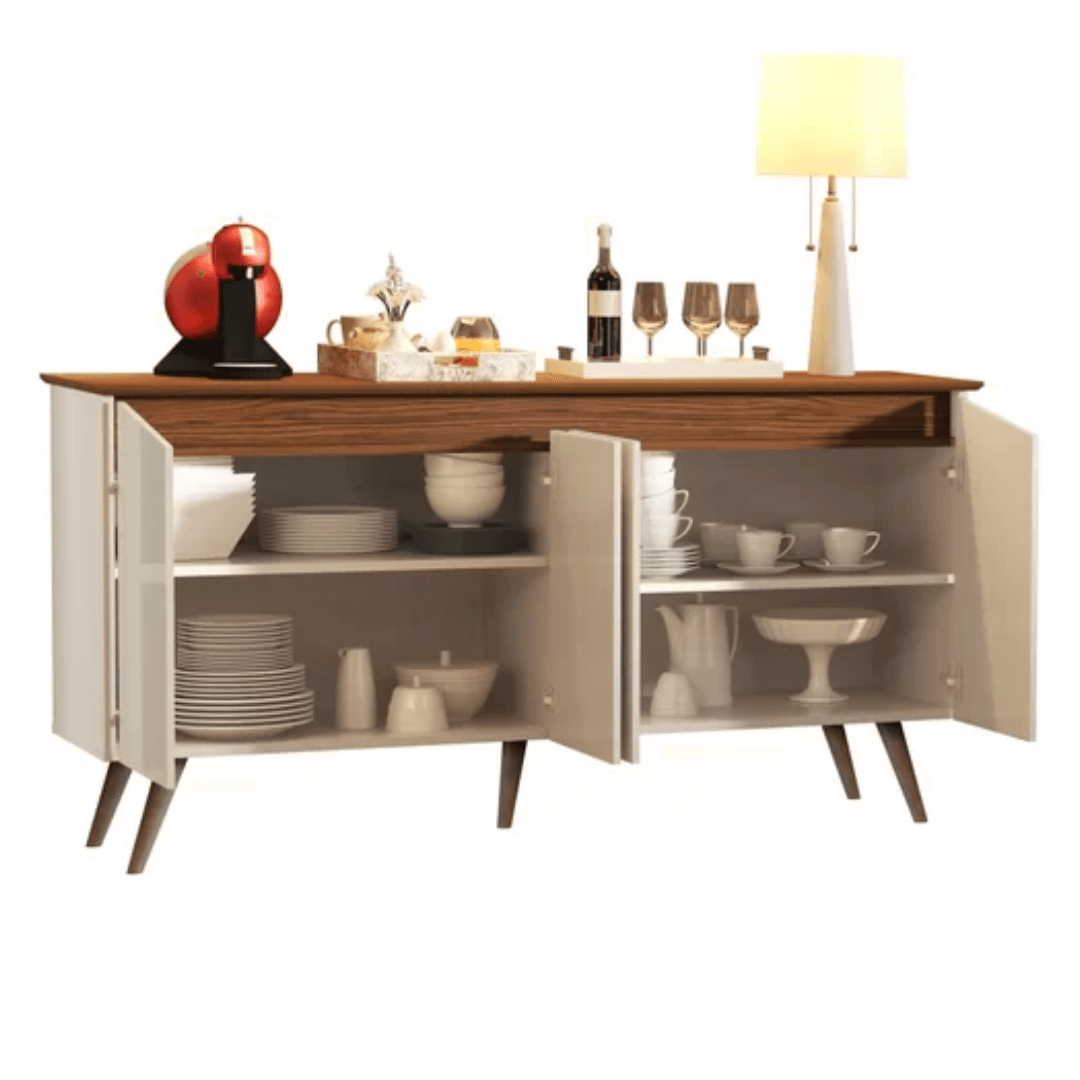 Aparador Buffet Encanto 4 Portas Retrô Off White/Freijó - Rede Móveis