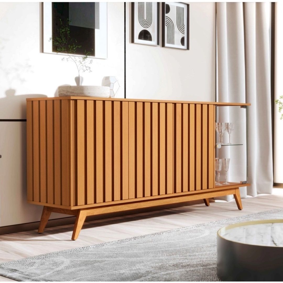 Aparador Buffet Ripado Sala Açaí 4 Portas com Pés de Madeira com Vidro Nature - Rede Móveis