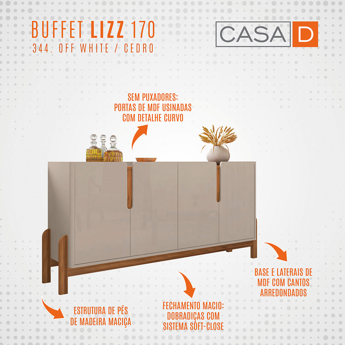 Aparador Buffet Sala 170cm Liz 4 Portas Com Adega com Pés de Madeira OffWhite com Cedro - Rede Móvei