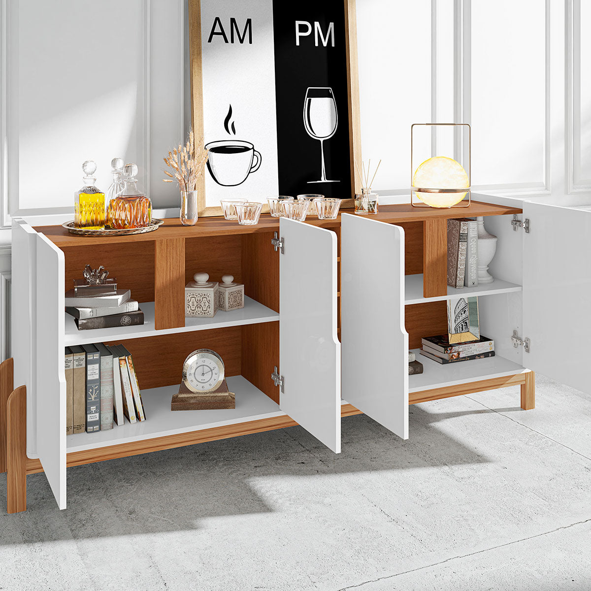 Aparador Buffet Sala 190cm Liz 4 Portas Com Adega com Pés de Madeira Branco com Cedro - Rede Móveis