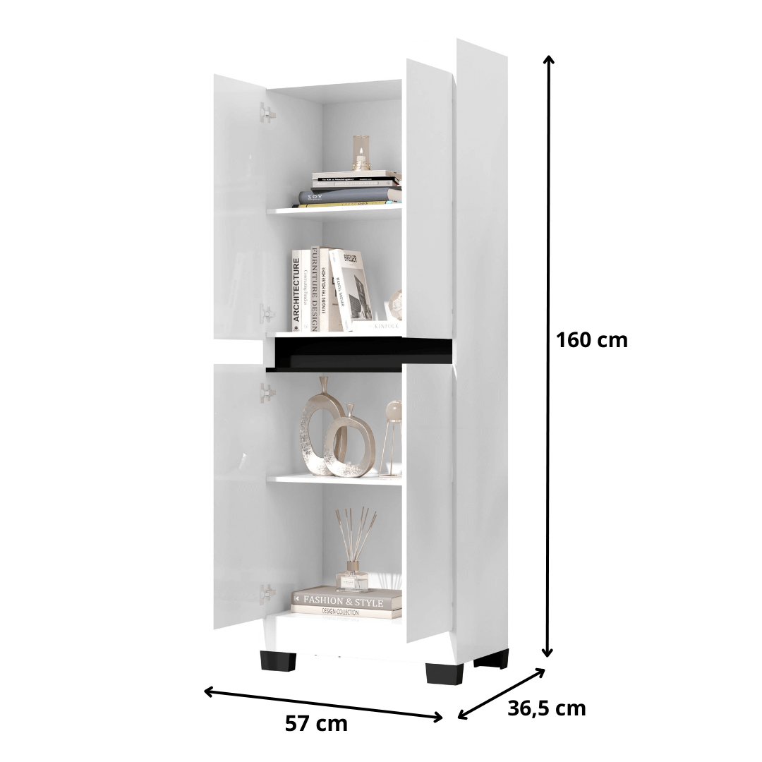 Armário Multiuso Escritório Quarto 4 Portas Tóquio Branco com preto