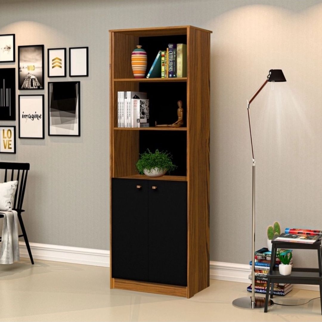 Armário Organizador Estante 2 Portas Office Escritório Preto com Nature - Rede Móveis