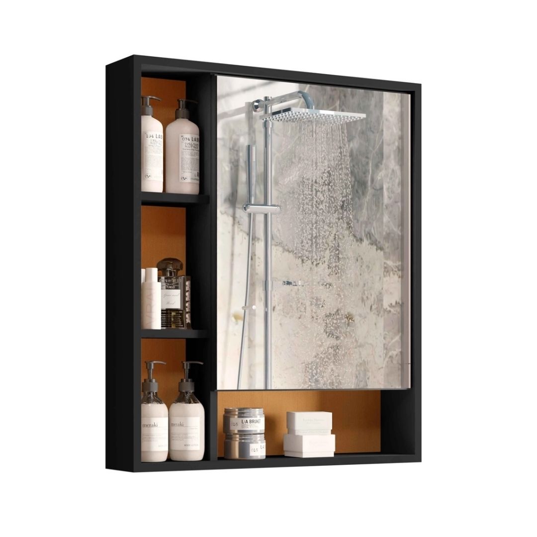 Armário Suspenso Espelheira 1 Porta Com Espelho Olimpia Preto com Nature - Rede Móveis