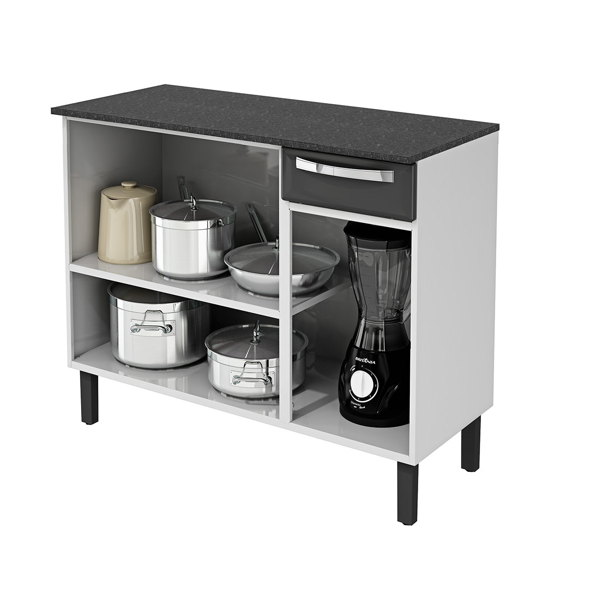 Balcão de Cozinha Rose 3 Portas 1 Gaveta Branco com Preto - Rede Móveis