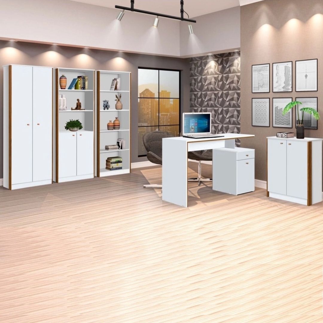 Conjunto 3 Armários Organizador e 1 Mesa Escrivaninha Office 1 Balcão Escritório Branco com Nature