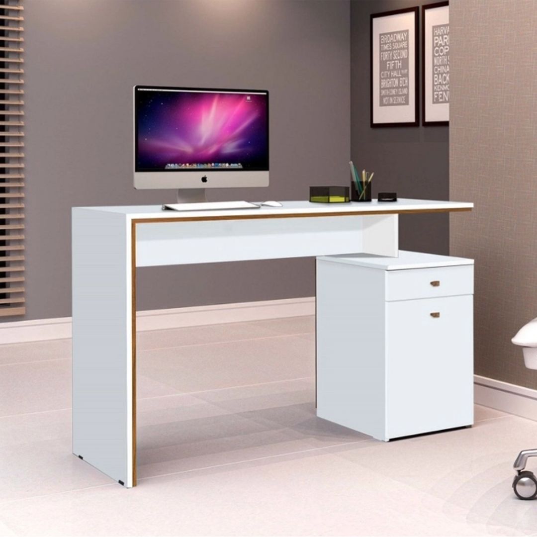 Conjunto 3 Armários Organizador e 1 Mesa Escrivaninha Office 1 Balcão Escritório Branco com Nature