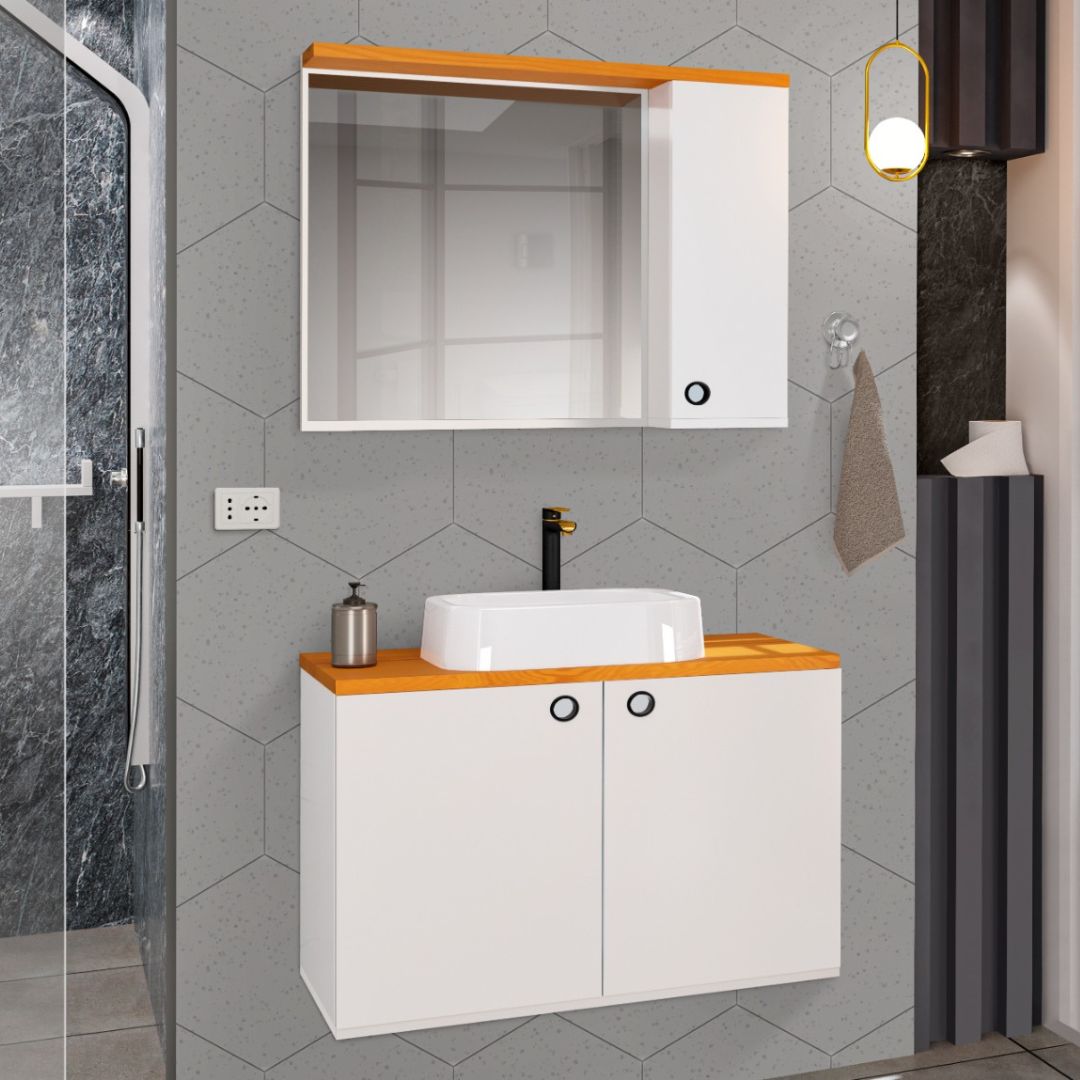 Conjunto Para Banheiro Gabinete Suspenso com Cuba e Espelheira Madri Branco com Nature - Rede Móveis