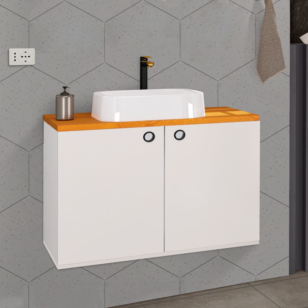 Conjunto Para Banheiro Gabinete Suspenso com Cuba e Espelheira Madri Branco com Nature - Rede Móveis