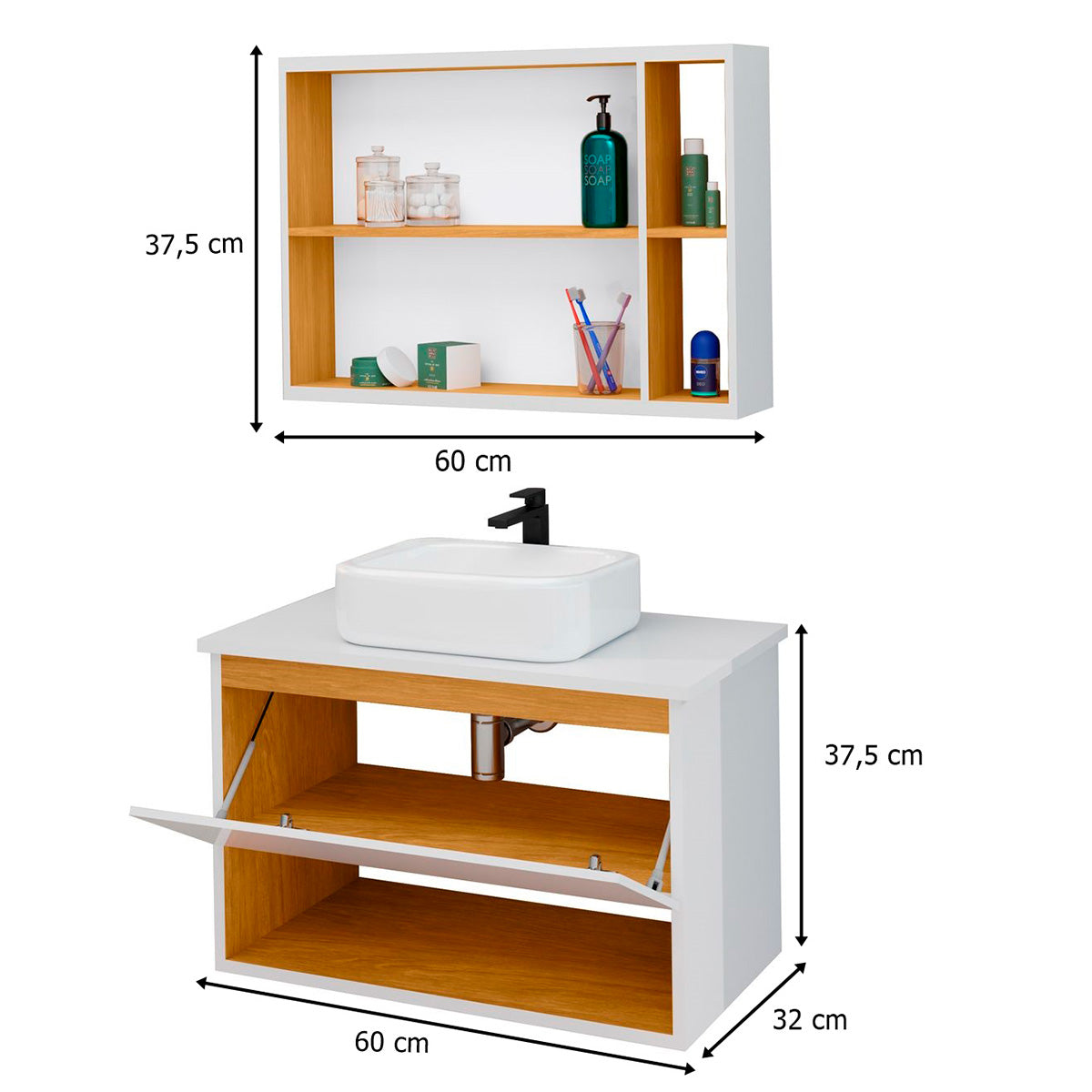 Conjunto Para Banheiro Gabinete Suspenso com Cuba e Espelheira Florence OffWhite com Nature - Rede Móveis