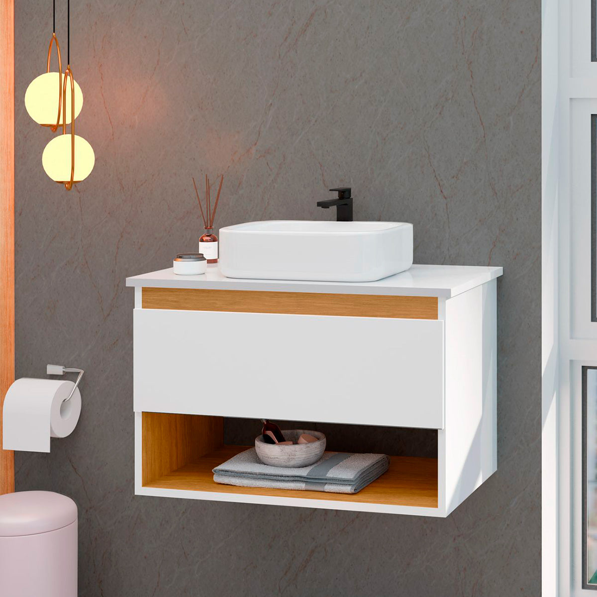 Gabinete Suspenso com Cuba Para Banheiro Florence Branco com Nature - Rede Móveis