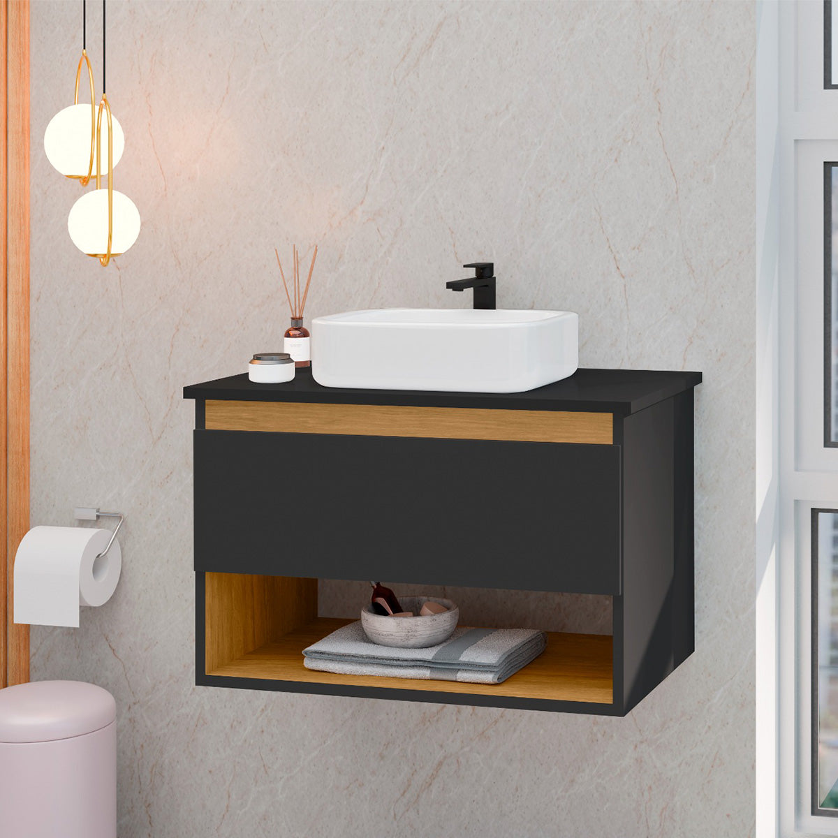 Gabinete Suspenso com Cuba Para Banheiro Florence Preto com Nature - Rede Móveis