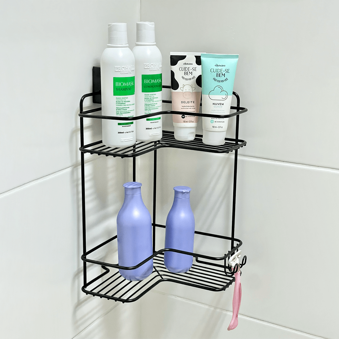 Prateleira de Canto Dupla com Ventosa Preta