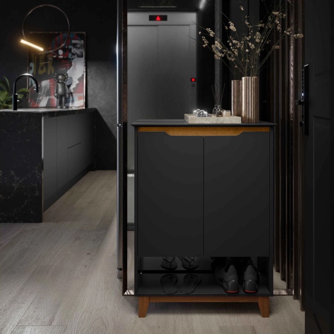 Sapateira Organizadora 2 Portas Hall Flow Preto com Freijó - Rede Móveis