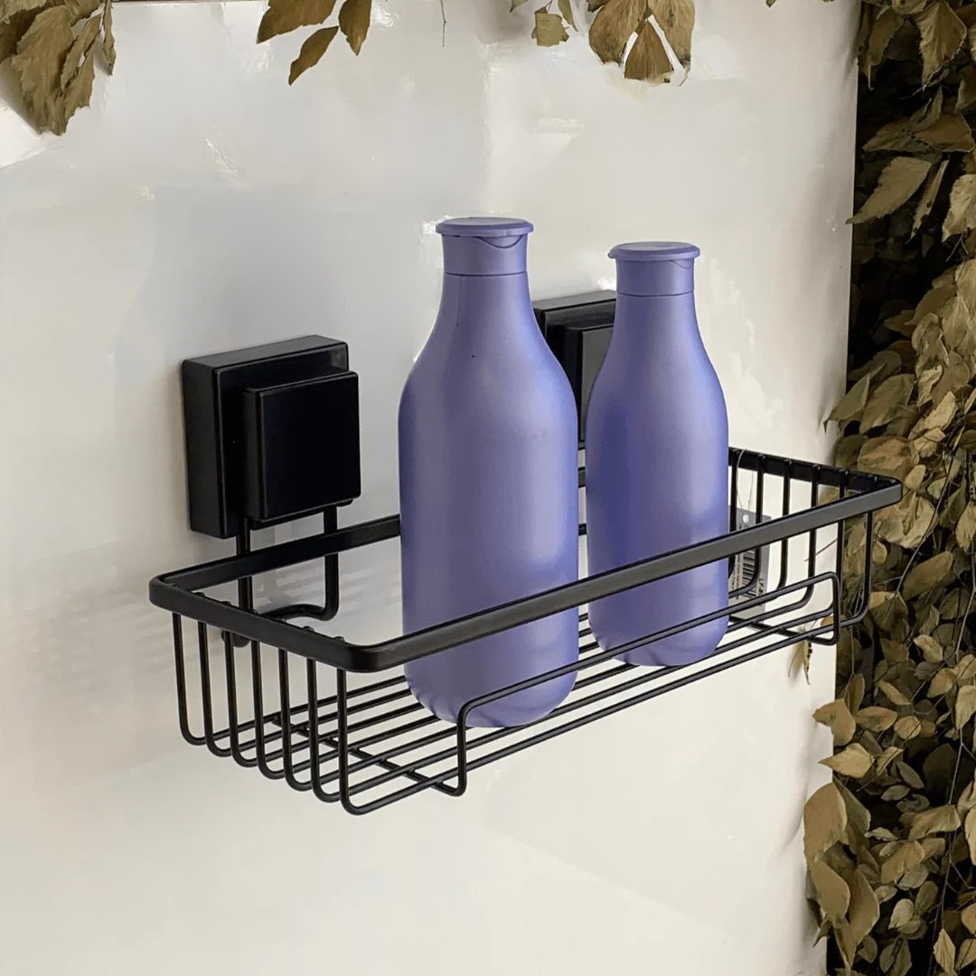 Suporte Moderno Para Shampoo Com Ventosa 28 cm Preto Fosco de Alta Resistencia