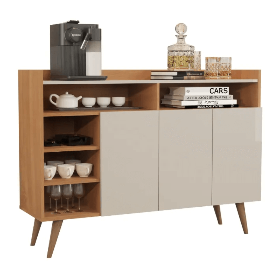 Aparador Balcão Buffet Celta Retro 3 Portas Nature com OffWhite