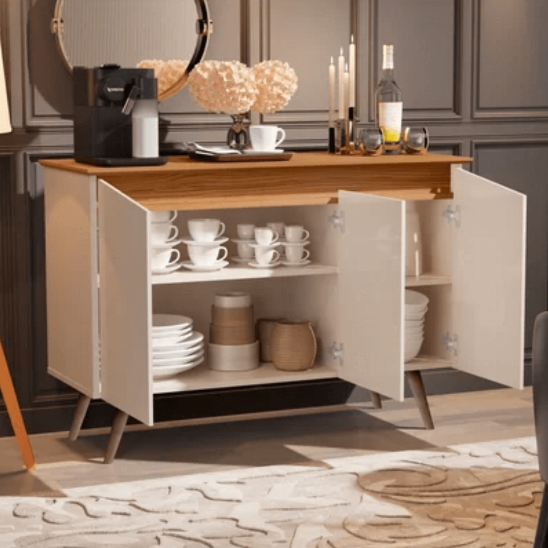 Aparador Buffet Encanto 3 Portas Retrô OffWhite Com Nature