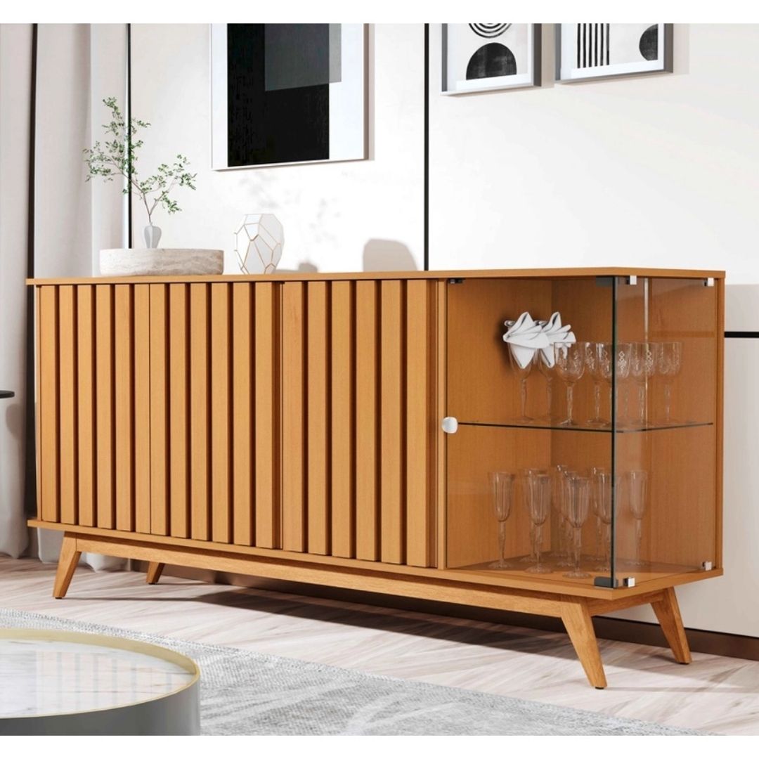 Aparador Buffet Ripado Sala Açaí 4 Portas com Pés de Madeira com Vidro Nature - Rede Móveis