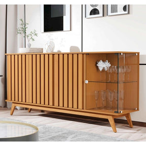 Aparador Buffet Ripado Sala Açaí 4 Portas com Pés de Madeira com Vidro Nature - Rede Móveis