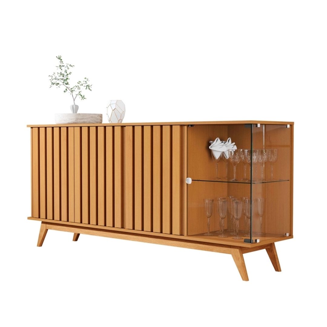 Aparador Buffet Ripado Sala Açaí 4 Portas com Pés de Madeira com Vidro Nature - Rede Móveis