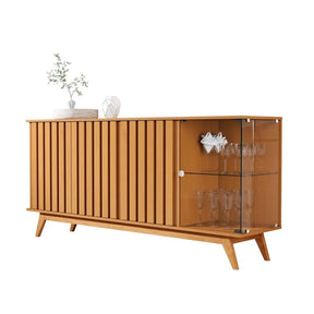 Aparador Buffet Ripado Sala Açaí 4 Portas com Pés de Madeira com Vidro Nature - Rede Móveis