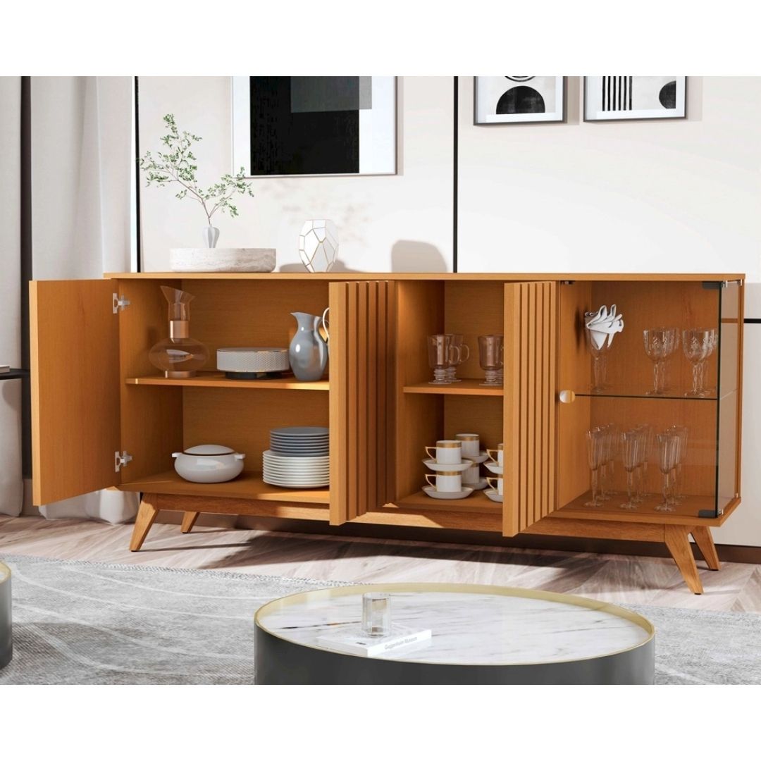 Aparador Buffet Ripado Sala Açaí 4 Portas com Pés de Madeira com Vidro Nature - Rede Móveis