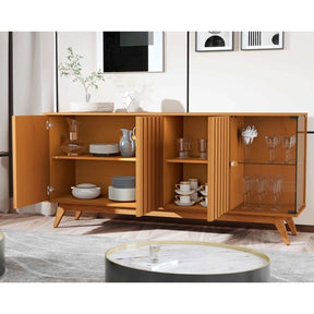 Aparador Buffet Ripado Sala Açaí 4 Portas com Pés de Madeira com Vidro Nature - Rede Móveis