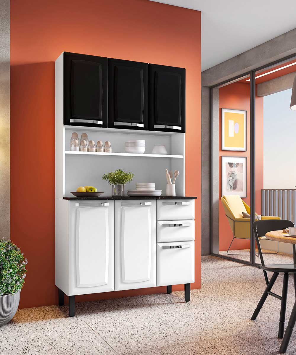 Armário Kit de Cozinha Compacta Aço 6 Portas 2 Gavetas Itatiaia Pratika Branco com Preto - Rede Móveis