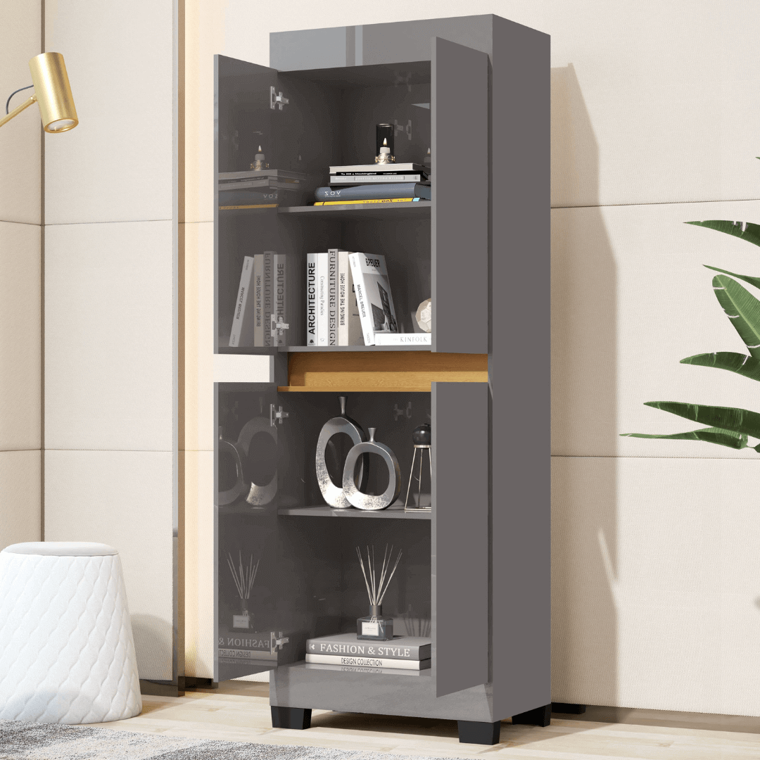 Armário Multiuso Escritório Quarto 4 Portas Tóquio Cinza com Mel