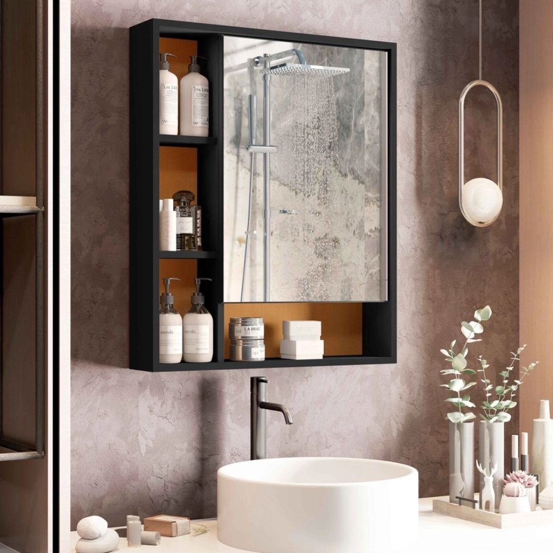 Armário Suspenso Espelheira 1 Porta Com Espelho Olimpia Preto com Nature - Rede Móveis