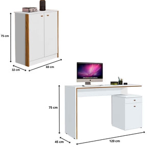 Conjunto 3 Armários Organizador e 1 Mesa Escrivaninha Office 1 Balcão Escritório Branco com Nature