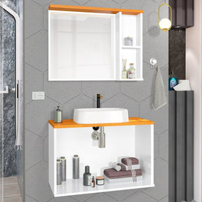 Conjunto Para Banheiro Gabinete Suspenso com Cuba e Espelheira Madri Branco com Nature - Rede Móveis