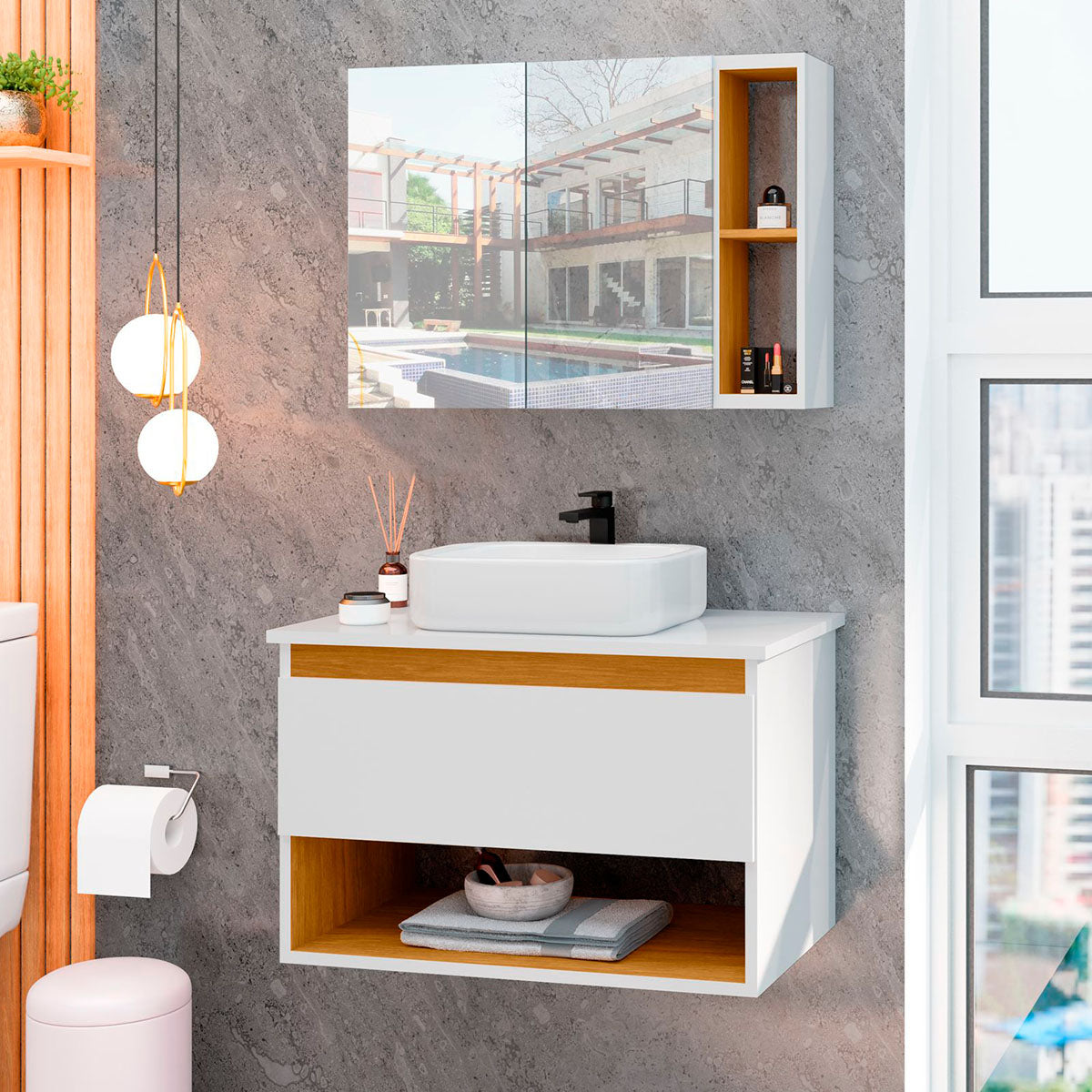 Conjunto Para Banheiro Gabinete Suspenso com Cuba e Espelheira Florence Branco com Nature - Rede Móveis