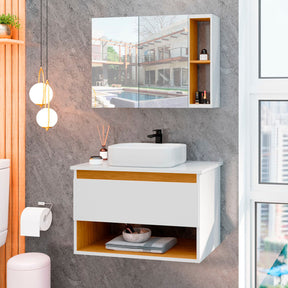 Conjunto Para Banheiro Gabinete Suspenso com Cuba e Espelheira Florence Branco com Nature - Rede Móveis