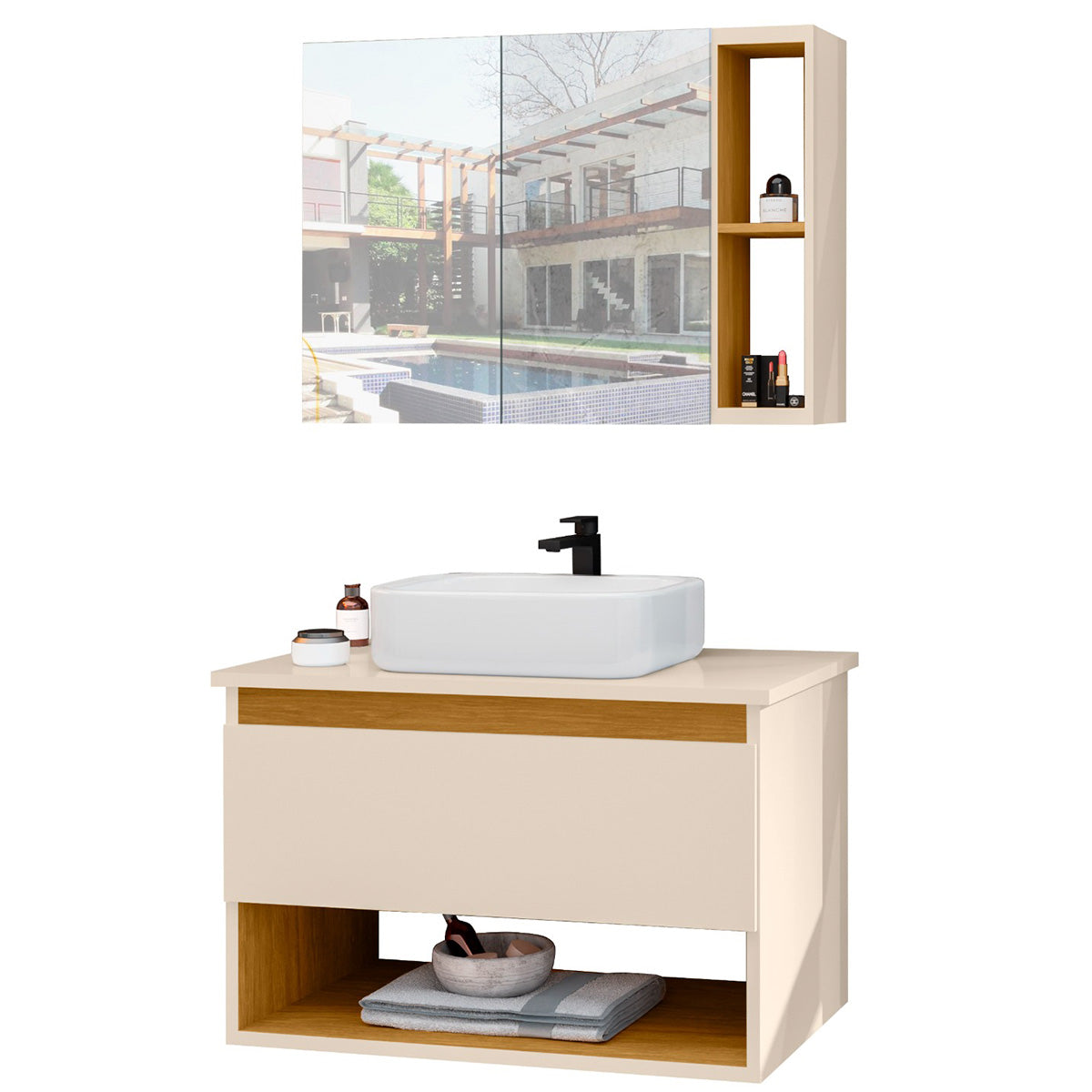 Conjunto Para Banheiro Gabinete Suspenso com Cuba e Espelheira Florence OffWhite com Nature - Rede Móveis