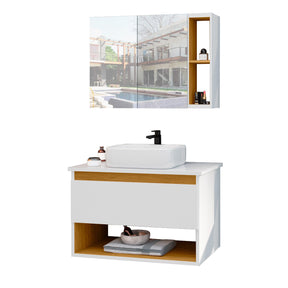 Conjunto Para Banheiro Gabinete Suspenso com Cuba e Espelheira Florence Branco com Nature - Rede Móveis