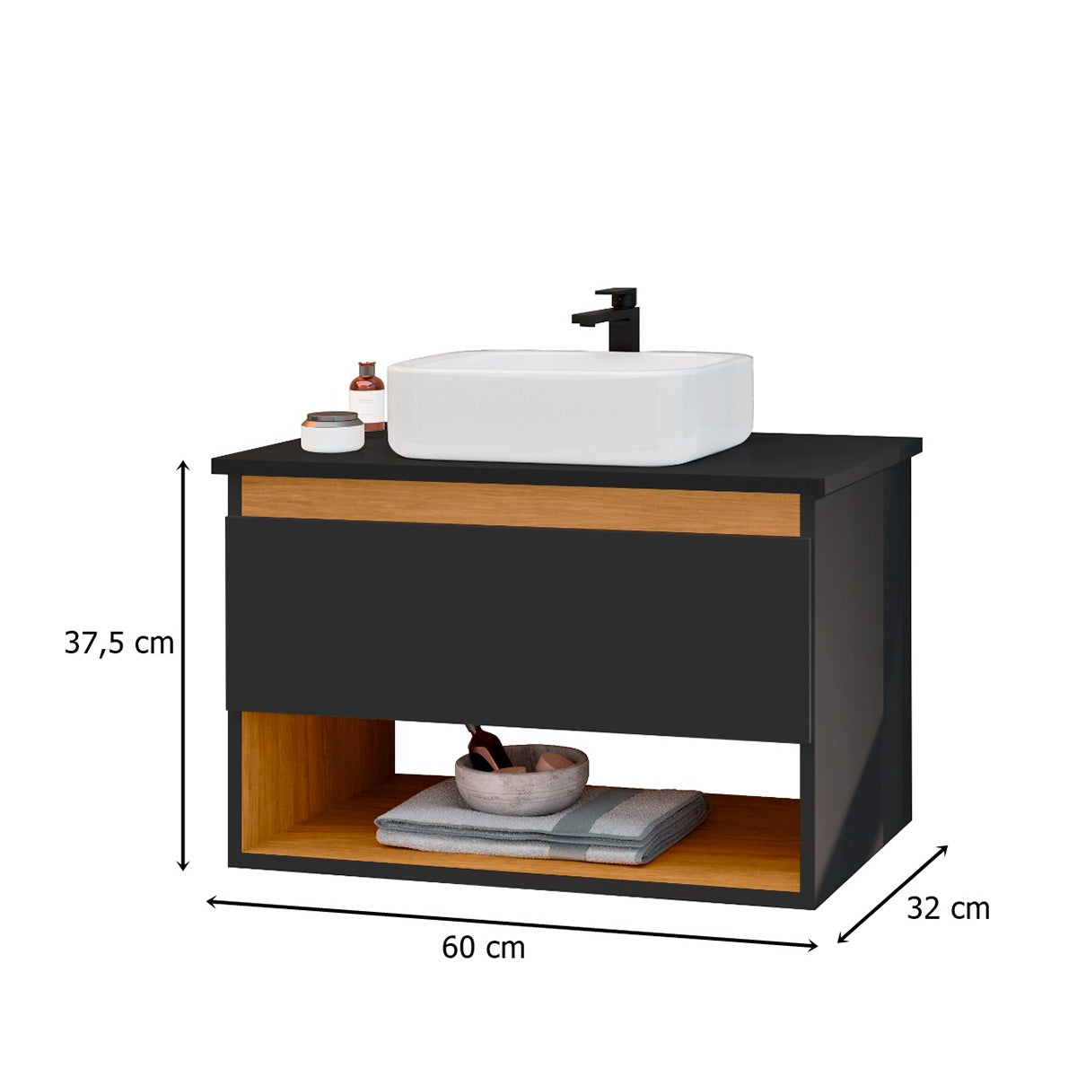 Gabinete Suspenso com Cuba Para Banheiro Florence Preto com Nature - Rede Móveis
