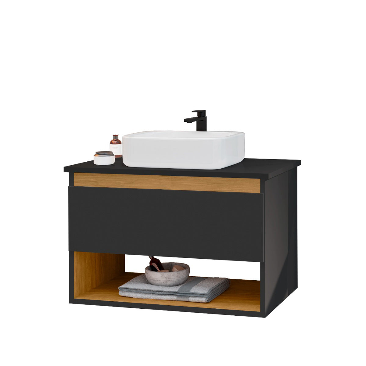 Gabinete Suspenso com Cuba Para Banheiro Florence Preto com Nature - Rede Móveis